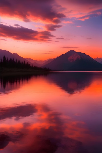 beautiful picture of a mesmerizing sunset reflecting on the water against the mountains