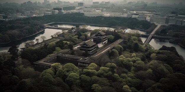 A beautiful picture of the palace in the fogAerial view Panoramic shot Generative AI