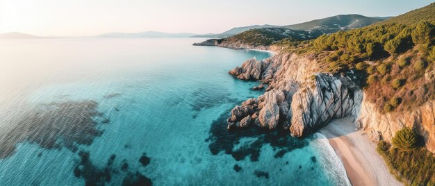 A beautiful picture of a rocky beach with a cliff from aboveAerial view Panoramic shot Generative AI