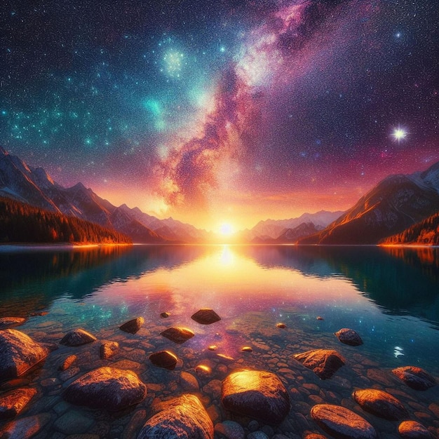 Photo beautiful picture of a starry sky with a lake or river tiled in vibrant colors