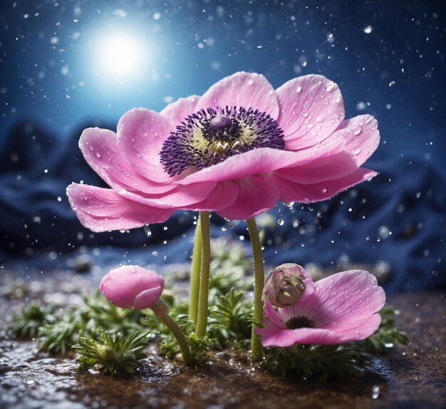 Beautiful pink anemone flower with raindrops on dark background