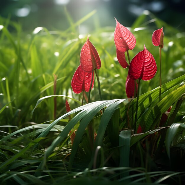 写真 緑の葉に雨の滴がく美しいピンクのアンチュリウム花