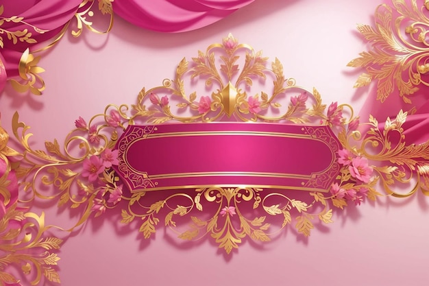 Photo beautiful pink banner with luxurious bright gold ornaments and large empty place for text