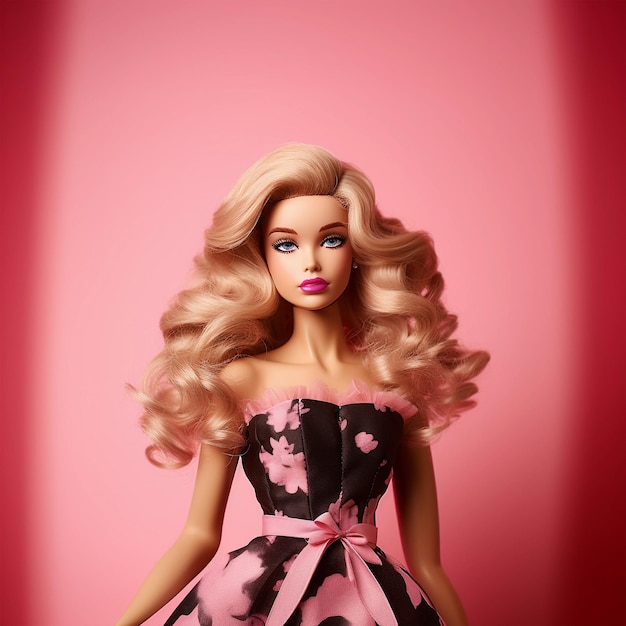 분홍색 배경의 아름다운 분홍색 바비 인형 패션 여성 소녀 금발 머리
