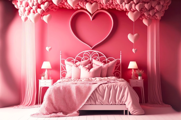 Premium Photo | Beautiful pink bedroom with hearts valentine day ...