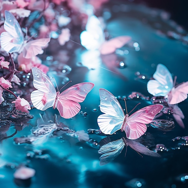 Beautiful pink butterflies floating in water