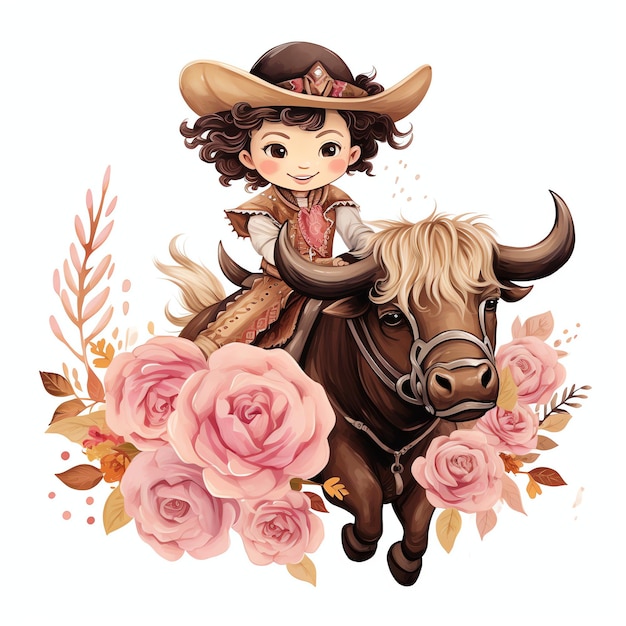 Foto bellissimo catoon rosa cowboy che cavalca un'illustrazione clipart di bufalo