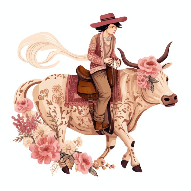 Foto bellissimo catoon rosa cowboy che cavalca un'illustrazione clipart di longhorn