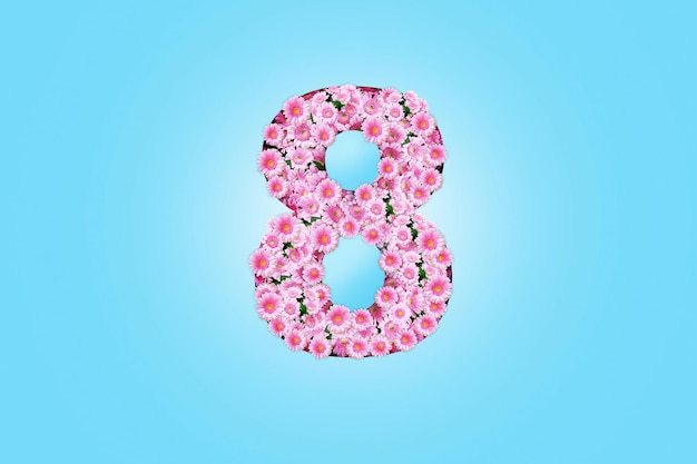 Beautiful Pink chamomile flowers and curtains grow from the number 8 on a blue background Happy March 8 creative idea Happy Women's Day Concept