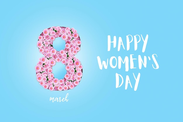 Beautiful Pink chamomile flowers and curtains grow from the number 8 on a blue background Happy March 8 creative idea Happy World Women's Day Concept