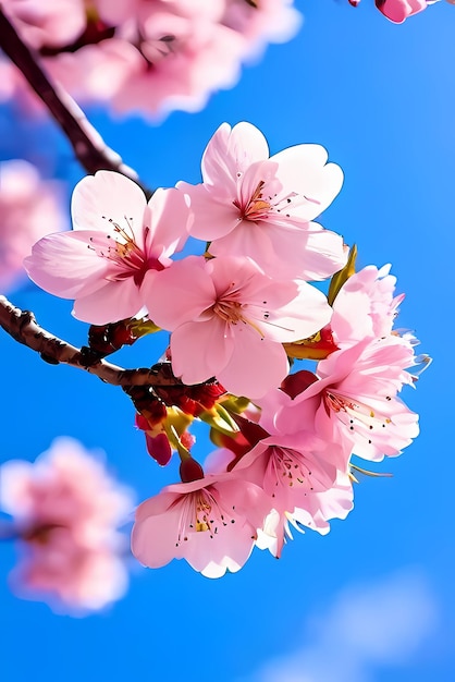 Beautiful pink cherry blossoms spring blooming on a blue sky background