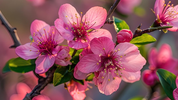 Beautiful pink cherry blossoms on a tree branch in spring