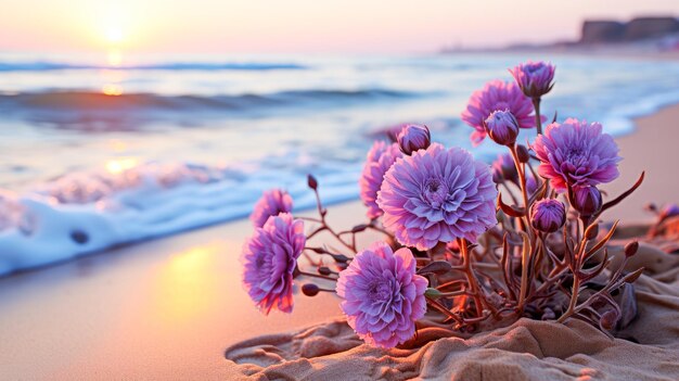 Beautiful pink chrysanthemum flowers on the beach at sunset