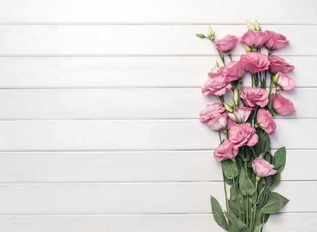 Beautiful pink eustoma flowers on white wooden table, top view