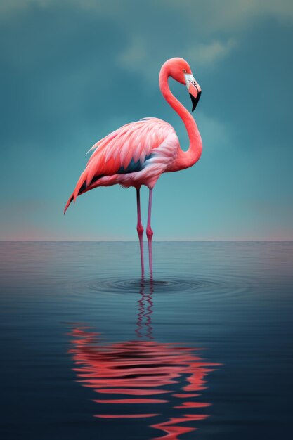 Beautiful pink flamingo on a blue background Single flamingo at the beach Vertical orientation
