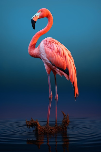 Beautiful pink flamingo on a blue background Single flamingo at the beach Vertical orientation