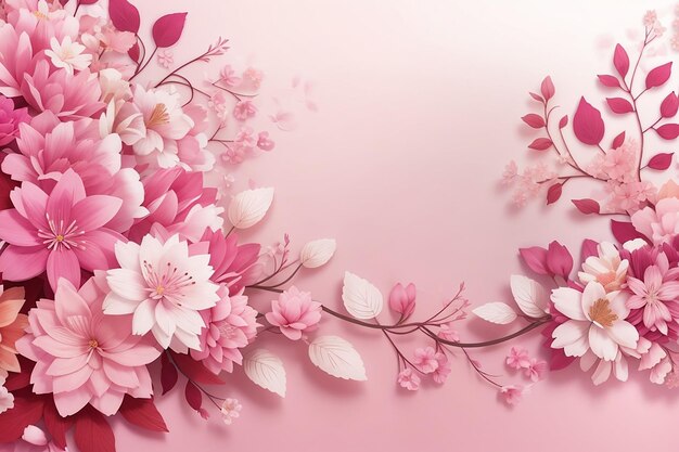 Beautiful pink floral background with flowers and leaves banner or border for weddingspa or beauty concept