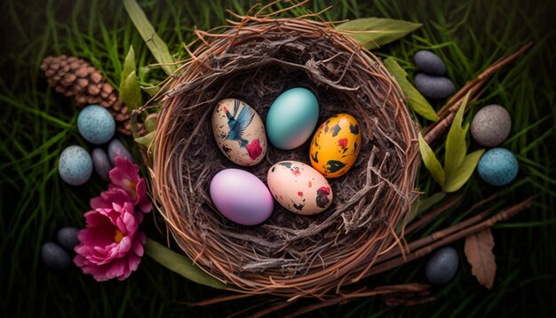 Beautiful pink flower with a colorful quail eggs in nest on dark gray stone background spring and ea