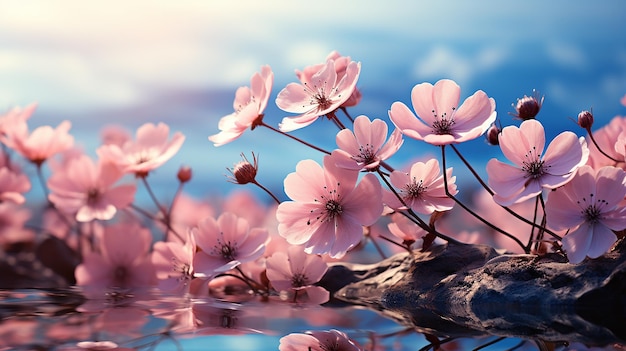 Beautiful pink flowers anemones fresh spring morning on nature and flying blue butterfly on soft