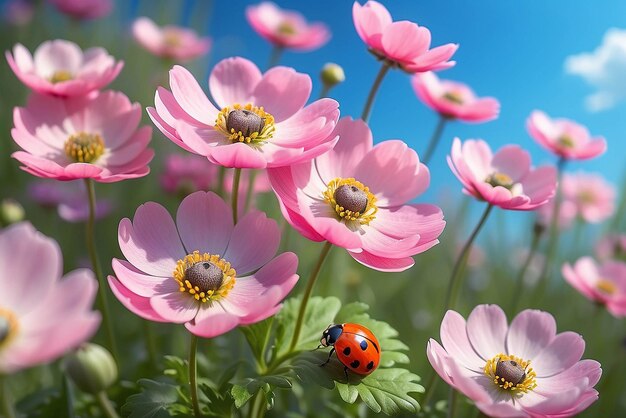 Красивые розовые цветы анемоны и ледибуги весной природа на открытом воздухе на фоне голубого неба макро мягкая фокус волшебное красочное художественное изображение нежность природы весенние цветочные обои