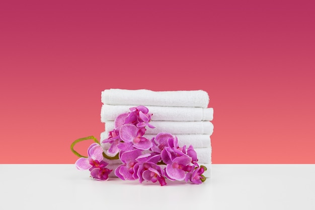 Beautiful pink flowers and white towels on pink background