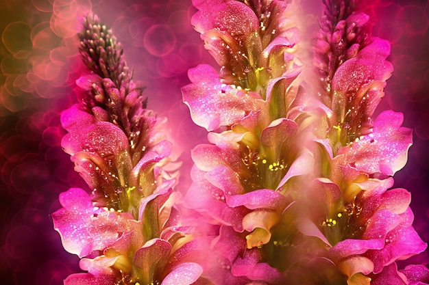 Beautiful pink flowers with dew drops on a bokeh background