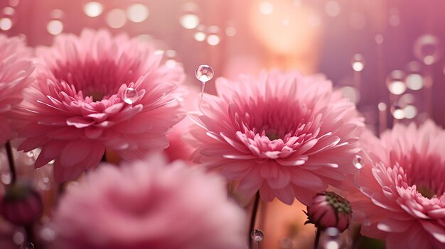 Beautiful pink flowers with water drops on blurred bokeh background