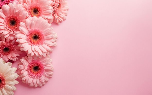 Foto bellissimi fiori di gerbera rosa sullo sfondo rosa vista dall'alto