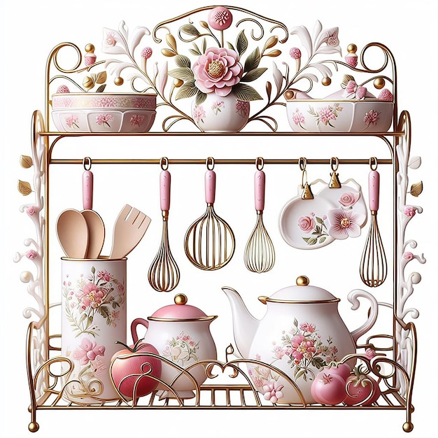 Photo beautiful pink and golden design kitchen rack ai generated