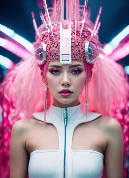 A beautiful pink haired female artist all white sleek futuristic outfit with intricate headpiece d