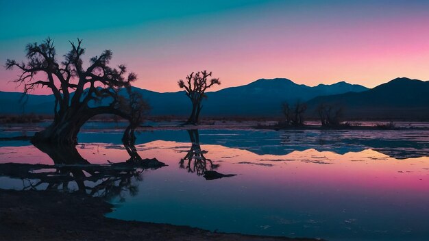 A beautiful pink landscape with a sparkling lake and mountains rising above it