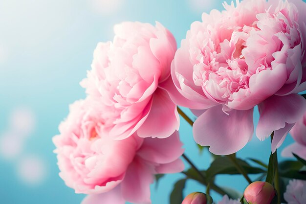 Beautiful pink large flowers peonies on a light blue turquoise background Generative AI