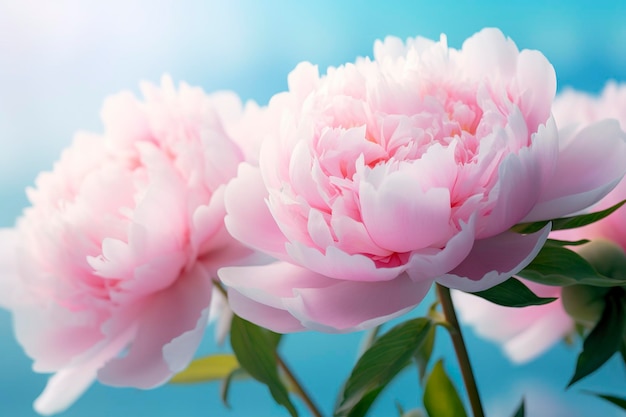 Beautiful pink large flowers peonies on a light blue turquoise background Generative AI