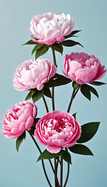 Beautiful pink large flowers peonies on a light blue turquoise background with blurry soft filter