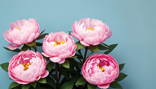 Beautiful pink large flowers peonies on a light blue turquoise background with blurry soft filter