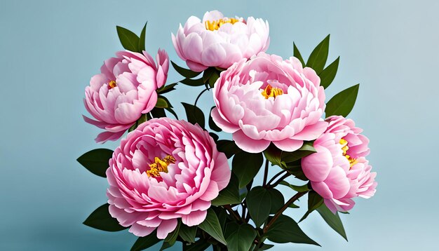 Beautiful pink large flowers peonies on a light blue turquoise background with blurry soft filter