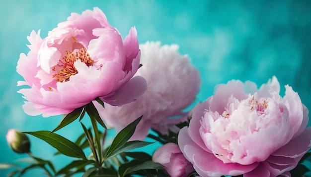 Beautiful pink large flowers peonies on a light blue turquoise background with blurry soft filter