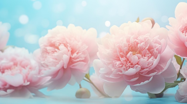 Beautiful pink large flowers peonies on a light blue