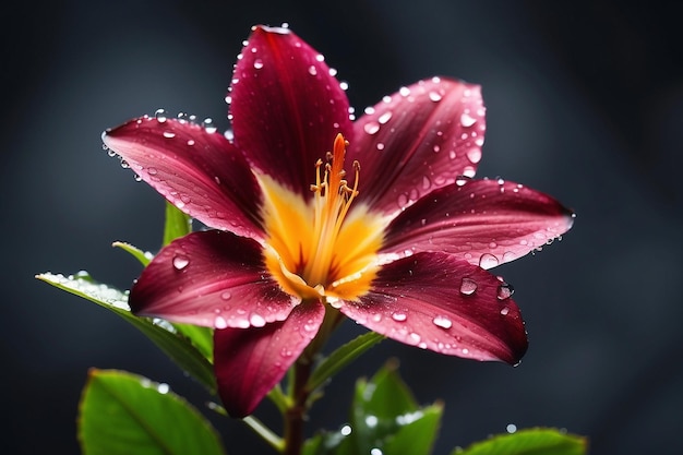 Photo beautiful pink lily flower with drops of water on a dark background