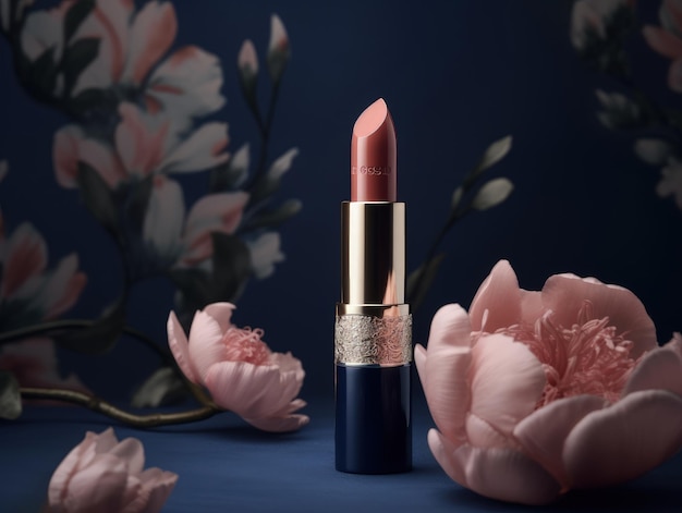 Beautiful pink lipstick with blue luxury case and pink flowers Generative AI