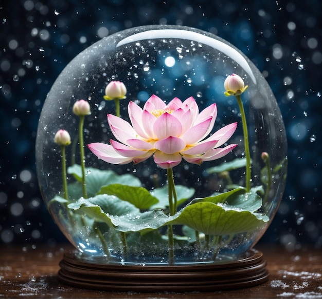 Beautiful pink lotus in a crystal ball on a wooden table