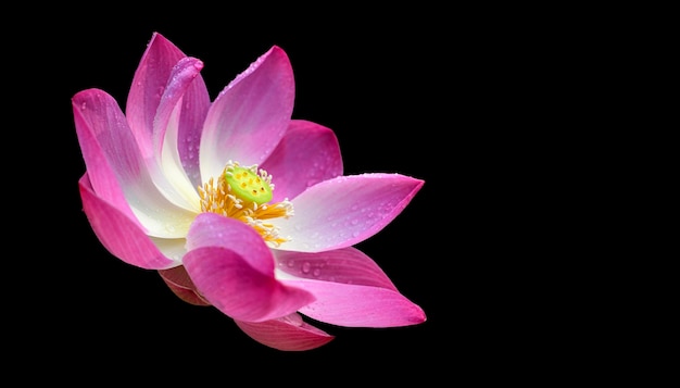 Beautiful Pink Lotus flower in black background Soft pink petals and seed pot glowing in the morning sunshine