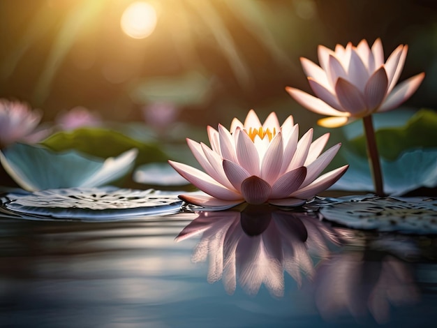 太陽の光の背景にある池の美しいピンクの蓮の花