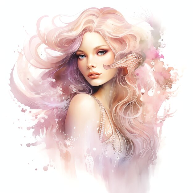 Beautiful pink majestically beautiful mermaid watercolor under the sea clipart