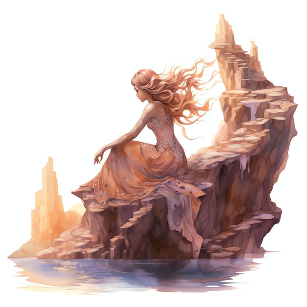 Beautiful pink mermaid sitting on a rocky outcrop watercolor under the sea clipart