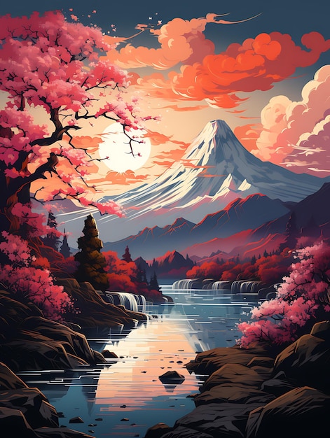 아름다운 분홍색 산 풍경 평화로운 자연 배경 배너 포스터 현대 풍경