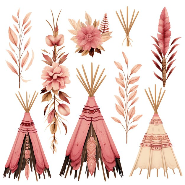 Beautiful pink native american teepee clipart illustration