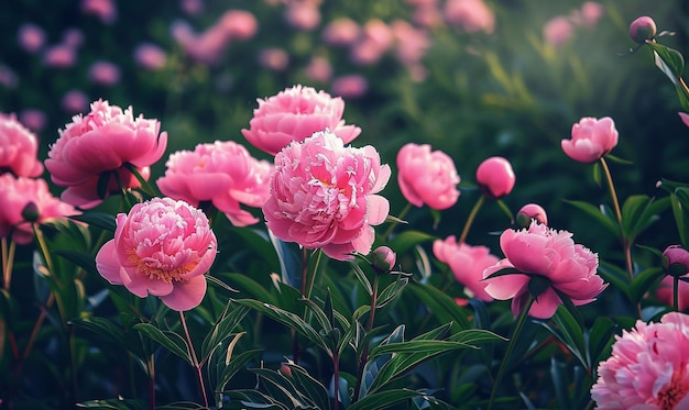 Photo beautiful pink peony flowers blooming in the garden summer natural flowery background