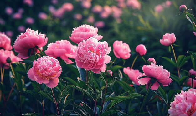 写真 美しいピンクのピオニー花が庭でいています 夏の自然の花の背景