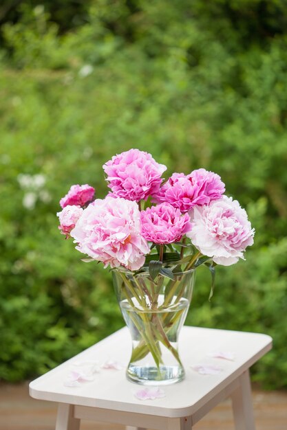 Beautiful pink peony flowers bouquet in garden